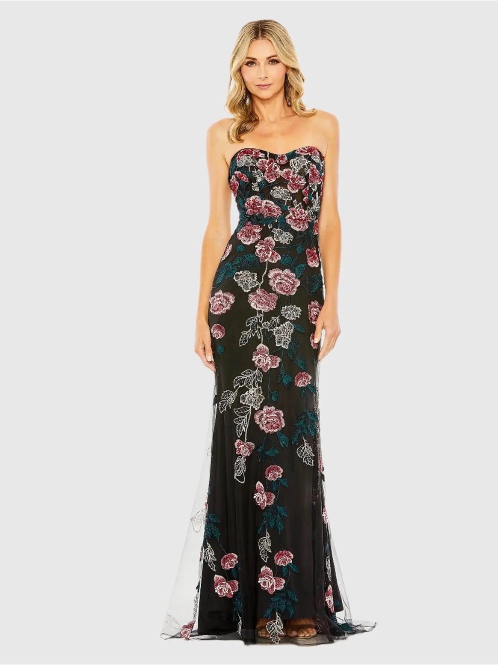 Mac Duggal Black Floral Embroidered Strapless Gown